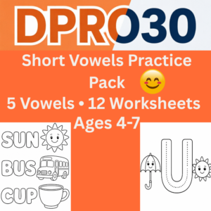 Short Vowels Practice Worksheets for Kids - 5 Vowels Phonics Pack - 12 Worksheets Ages 4-7 - DPRO30